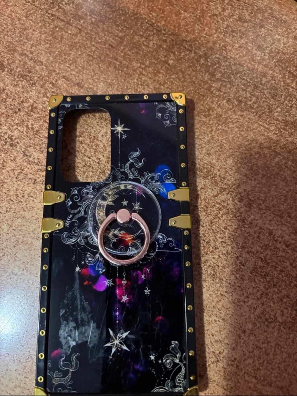 Black Celestial Phone Case with Rose Gold Ring Holder